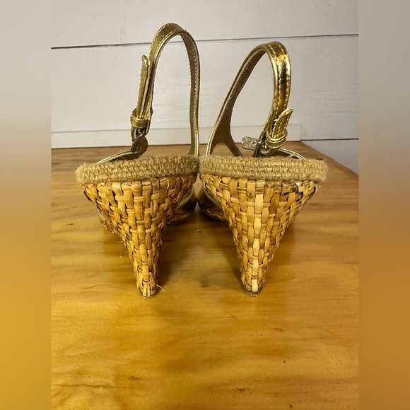 Prada gold wedge basket weave heel sandal 38 1/2 - Picture 4 of 5
